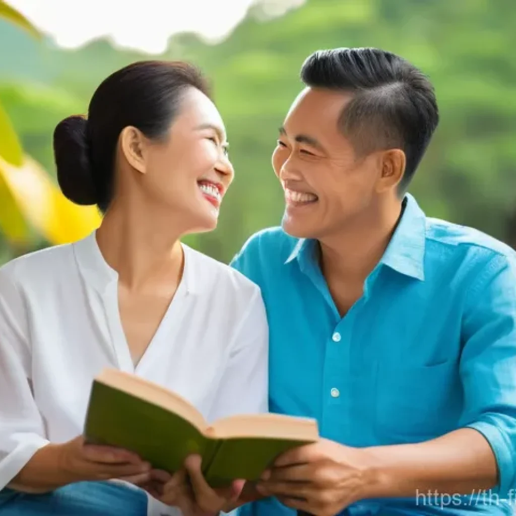 조기 퇴직을 위한 금융 계획 - **Prompt:** A serene image of a joyful Thai couple, in their late 40s to early 50s, enjoying their e...