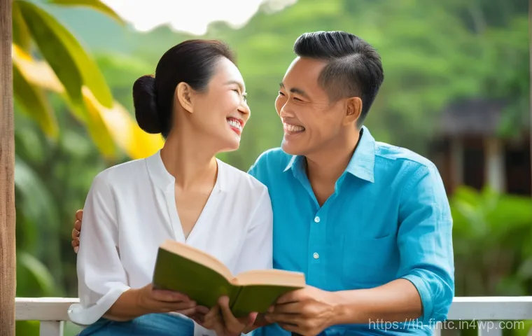 조기 퇴직을 위한 금융 계획 - **Prompt:** A serene image of a joyful Thai couple, in their late 40s to early 50s, enjoying their e...