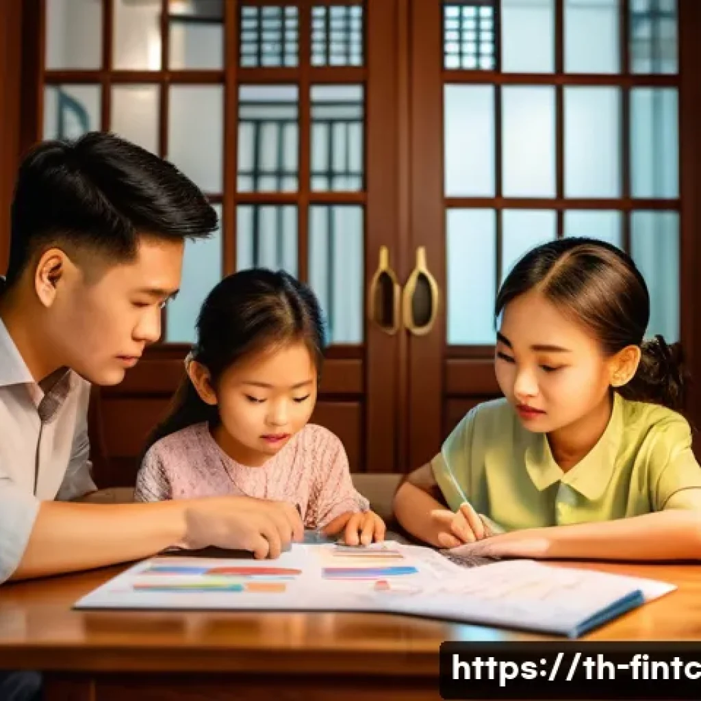 금융 목표 및 계획 검토하기 - A detailed scene of a young Thai family sitting around a wooden table at home, carefully reviewing t...