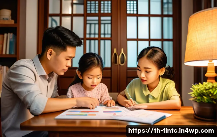 금융 목표 및 계획 검토하기 - A detailed scene of a young Thai family sitting around a wooden table at home, carefully reviewing t...