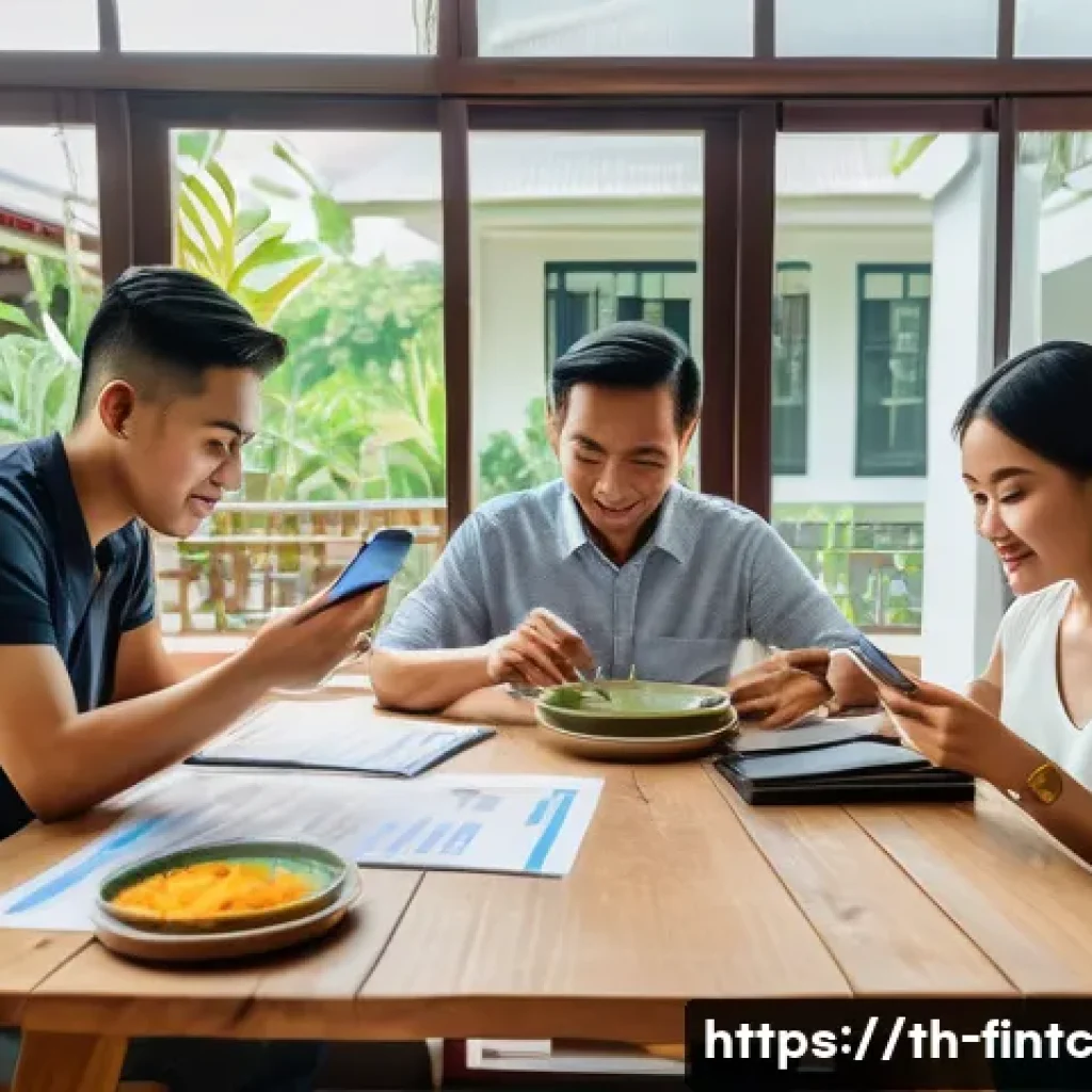 금융 전략 수립의 기본 원칙 - A modern Thai family sitting around a wooden dining table in a cozy Bangkok apartment, carefully bud...