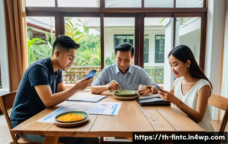 금융 전략 수립의 기본 원칙 - A modern Thai family sitting around a wooden dining table in a cozy Bangkok apartment, carefully bud...