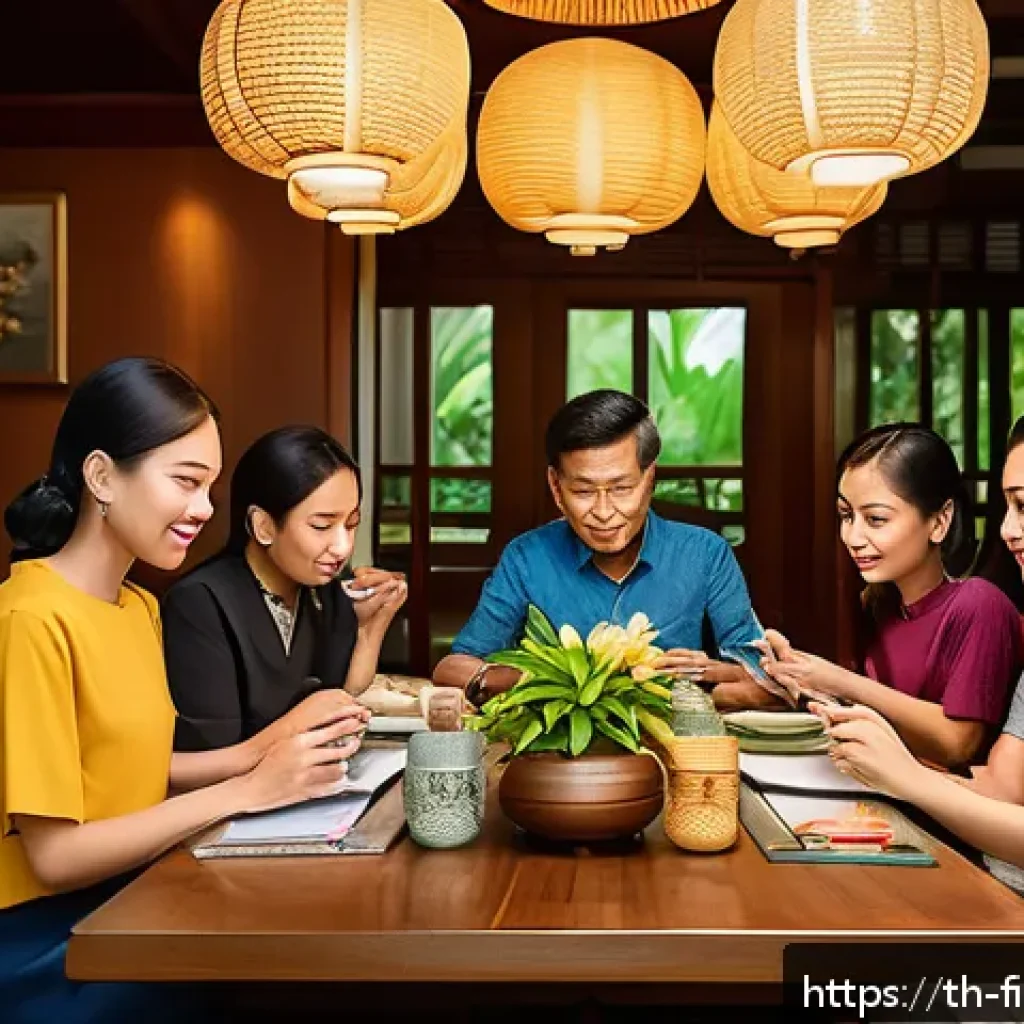 금융 자신감을 위한 실질적 팁 - A modern Thai family sitting together at a dining table, discussing monthly budget plans with notebo...