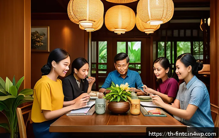 금융 자신감을 위한 실질적 팁 - A modern Thai family sitting together at a dining table, discussing monthly budget plans with notebo...