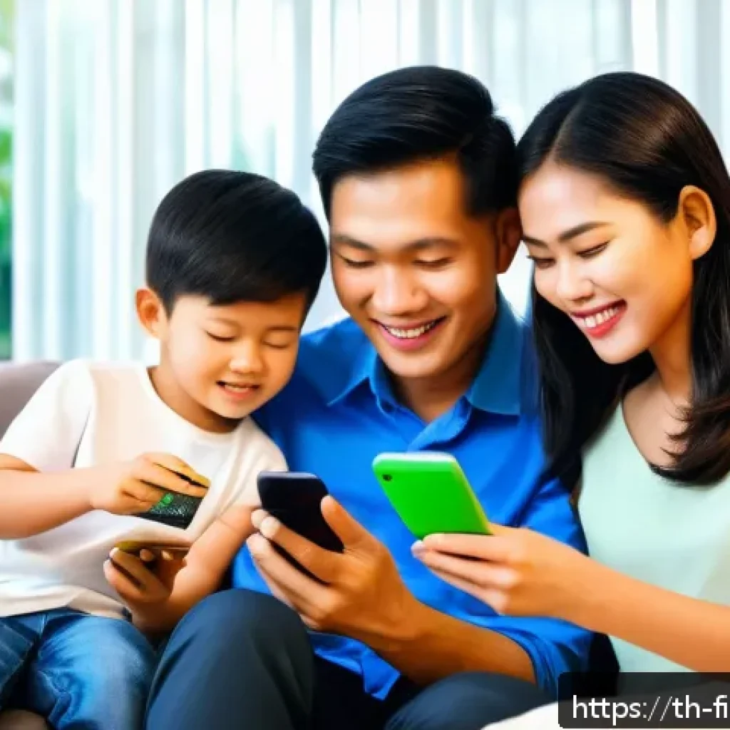 금융 자신감 구축을 위한 실질적 경험 - A modern Thai family sitting together in a cozy living room, using a smartphone app to track daily i...