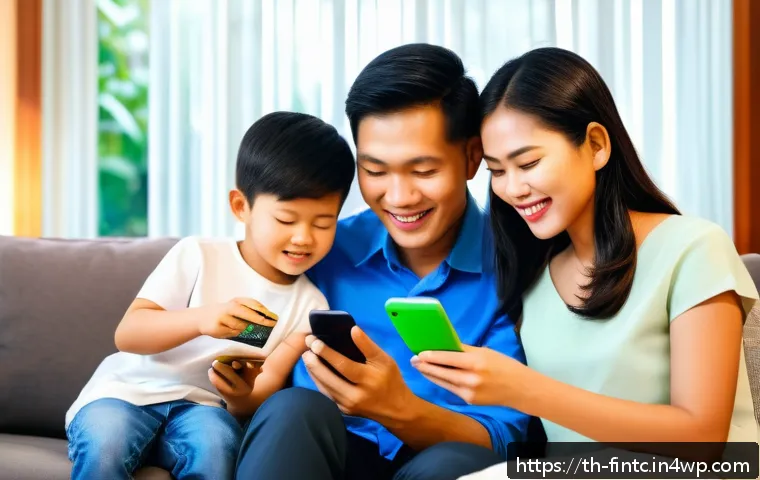 금융 자신감 구축을 위한 실질적 경험 - A modern Thai family sitting together in a cozy living room, using a smartphone app to track daily i...