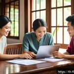 Home 20 비상금 마련의 중요성 - A detailed scene of a Thai family sitting around a wooden table in a cozy home environment, discussi...