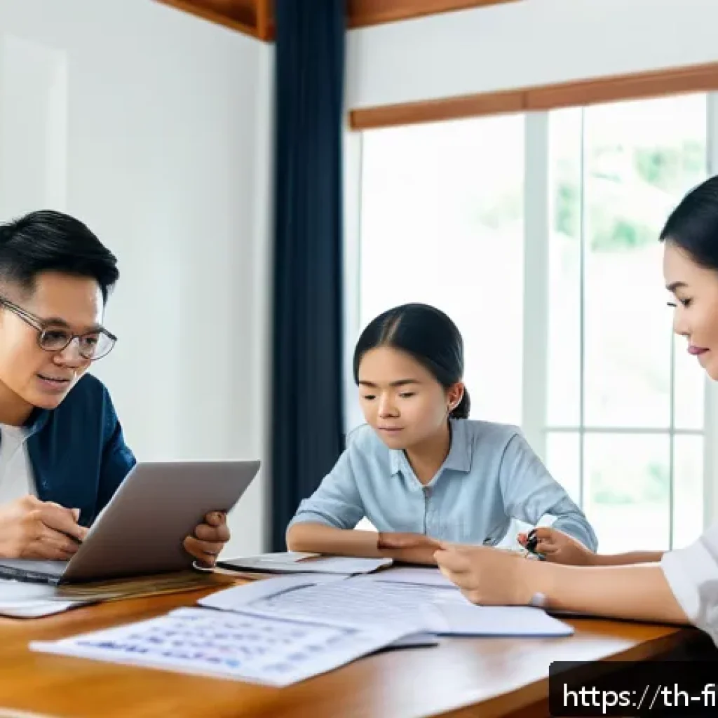 금융 독립을 위한 단계별 접근 - A detailed scene of a modern Thai family sitting around a table in a cozy home office, reviewing the...