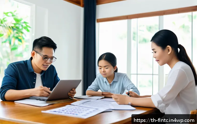 금융 독립을 위한 단계별 접근 - A detailed scene of a modern Thai family sitting around a table in a cozy home office, reviewing the...