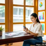 Home 18 시뮬레이션을 통한 금융 리터러시 향상 - A young Thai woman sitting comfortably at a modern wooden desk in a cozy apartment, focused on a sma...