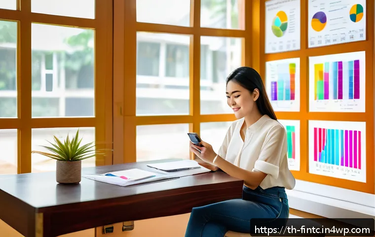 시뮬레이션을 통한 금융 리터러시 향상 - A young Thai woman sitting comfortably at a modern wooden desk in a cozy apartment, focused on a sma...