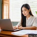 Home 23 금융 소양 테스트로 자신의 수준 파악하기 - A detailed scene of a young Thai professional woman sitting at a modern wooden desk in a cozy home o...