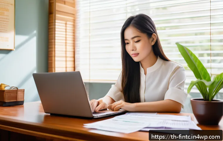 금융 소양 테스트로 자신의 수준 파악하기 - A detailed scene of a young Thai professional woman sitting at a modern wooden desk in a cozy home o...